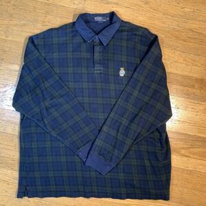 Vintage Polo Bear Ralph Lauren XXL Rugby Shirt Black Watch Tartan Plaid 90s